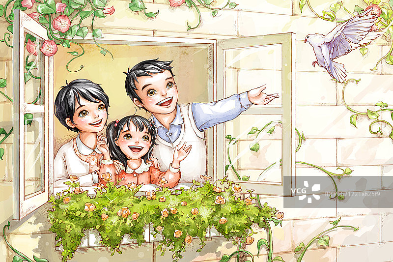 一家三口在窗边看风景图片素材