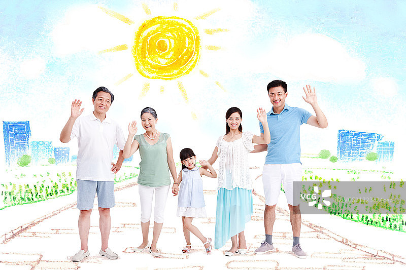 开心一家人挥手图片素材