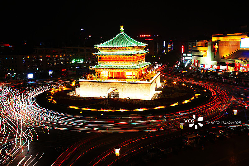西安地标钟楼环岛尾灯环全图片素材