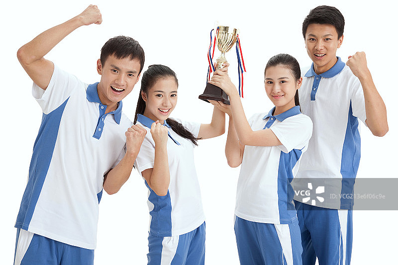 四个中学生做握拳头的手势图片素材