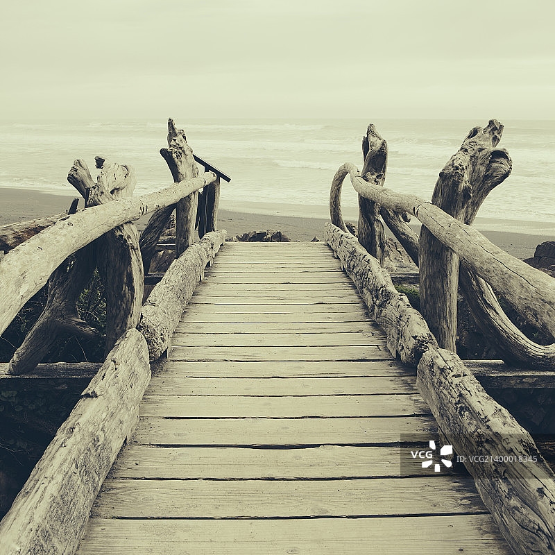 奥林匹克国家公园卡拉洛克附近面向太平洋的浮木桥图片素材