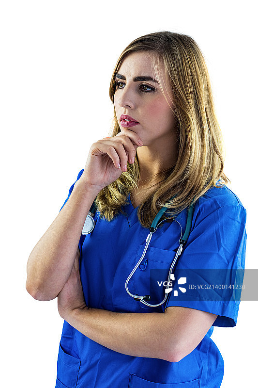 护士托着下巴，白色背景图片素材