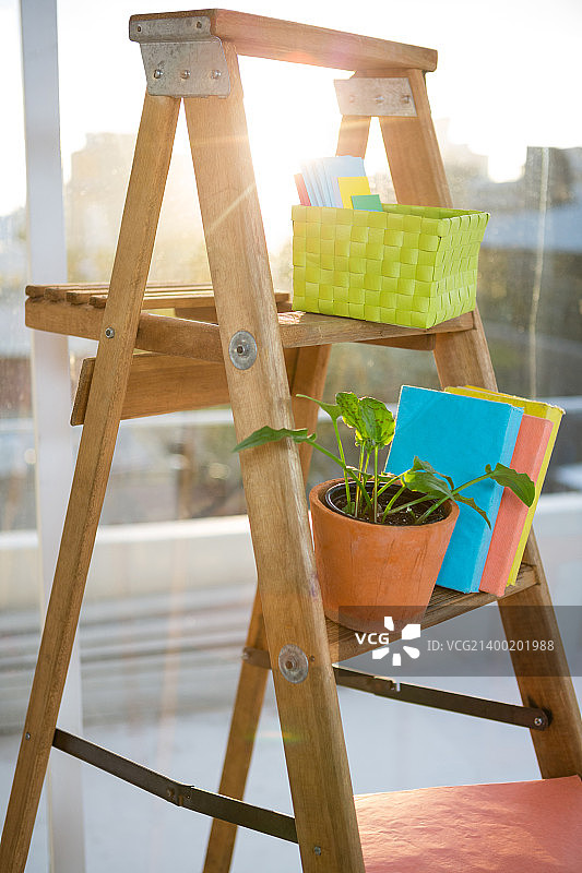 带有书籍和盆栽的木质楼梯图片素材