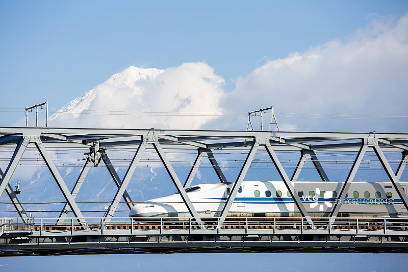 日本静冈县富士山和东海道新干线景色图片素材