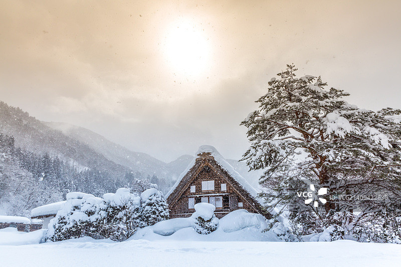 日本中部岐阜县白川乡冬日雪景图片素材