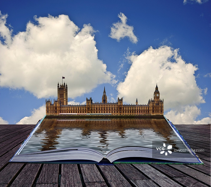 伦敦议会大厦从魔法书中涌出并融入背景图片素材