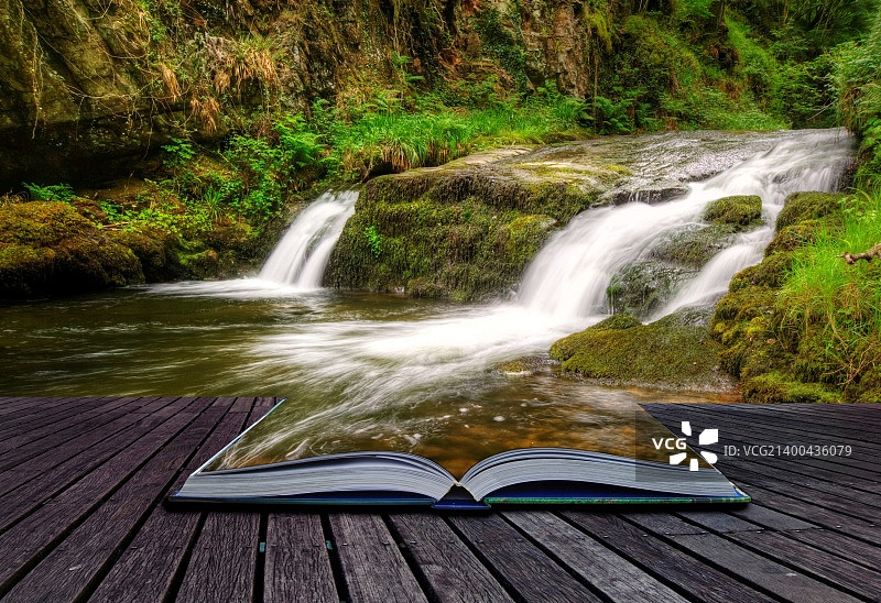 创意概念图：魔法书页中流淌的森林瀑布图片素材
