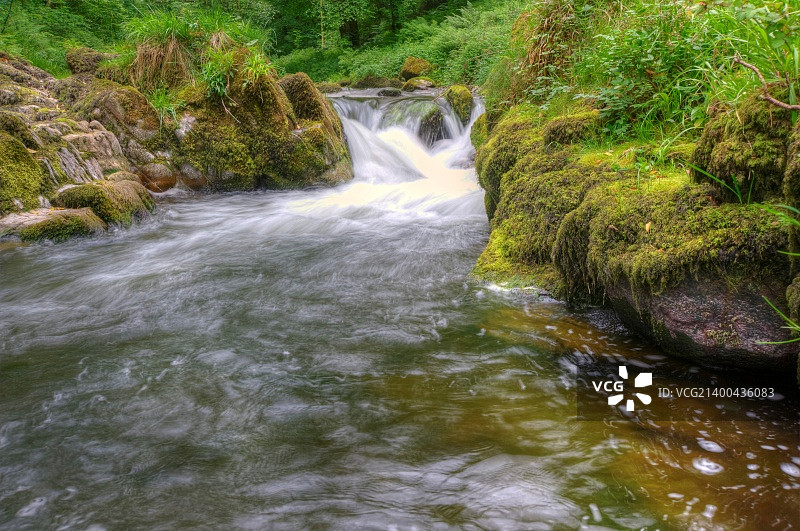 长曝光下的葱郁森林和瀑布流水图片素材
