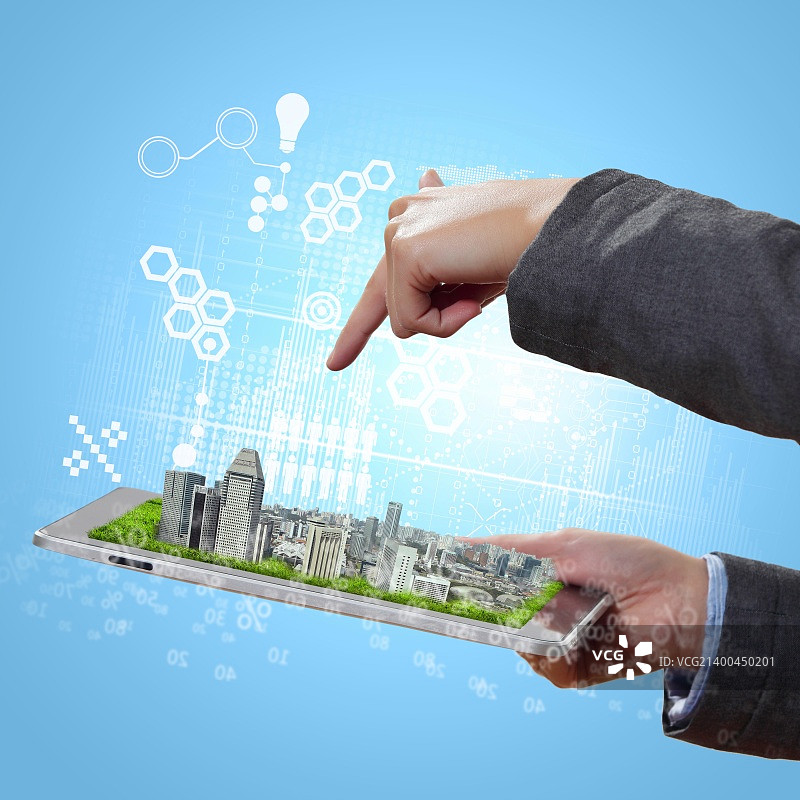 具有计算机设备的抽象现代科技数字城市插图图片素材