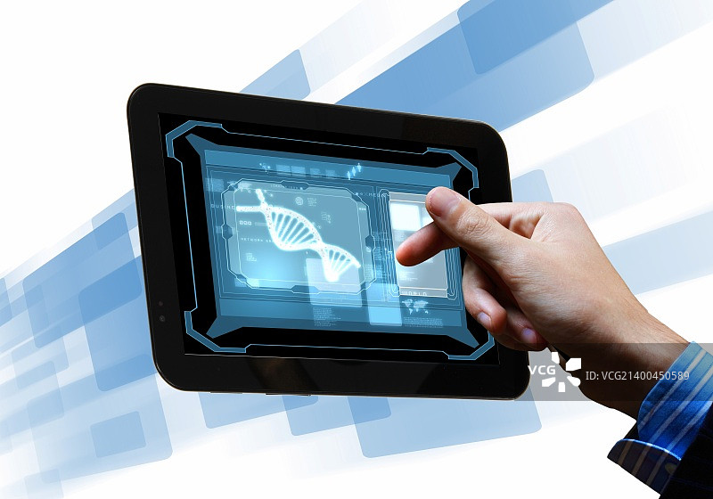 平板电脑屏幕上的DNA螺旋抽象背景。插图图片素材