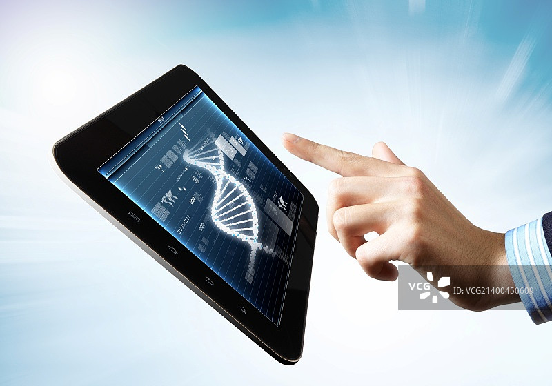 平板电脑屏幕上的DNA螺旋抽象背景。插图图片素材