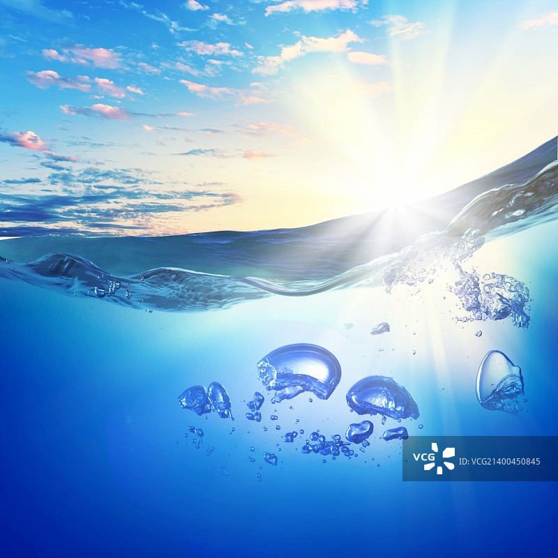 带有气泡的波浪海水的插画图片素材