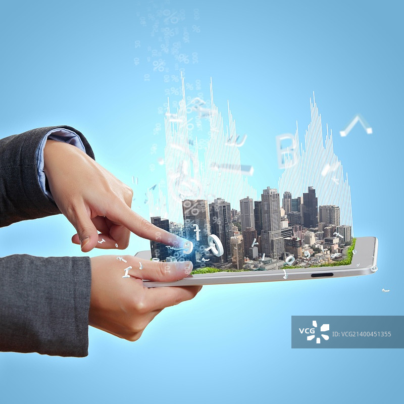具有计算机设备的抽象现代科技数字城市插图图片素材