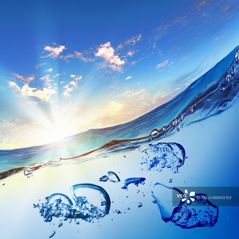 带有气泡的波浪海水的插画图片素材