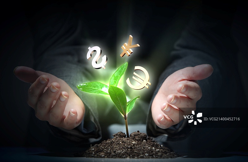 资金发芽-从茎中发芽的金融和货币符号图片素材