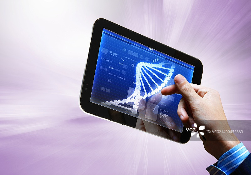 平板电脑屏幕上的DNA螺旋抽象背景。插图图片素材