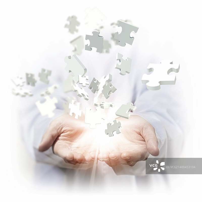 朝不同方向飞行的白色多块拼图图片素材