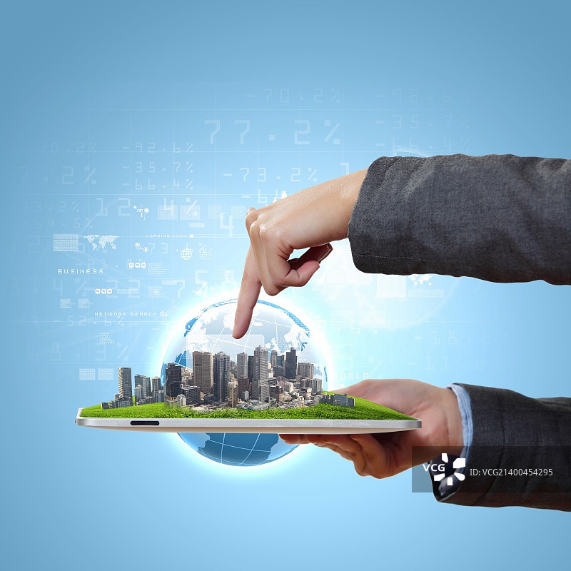 具有计算机设备的抽象现代科技数字城市插图图片素材