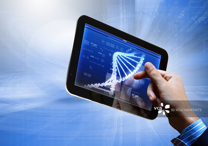 平板电脑屏幕上的DNA螺旋抽象背景。插图图片素材