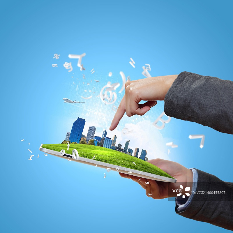 具有计算机设备的抽象现代科技数字城市插图图片素材