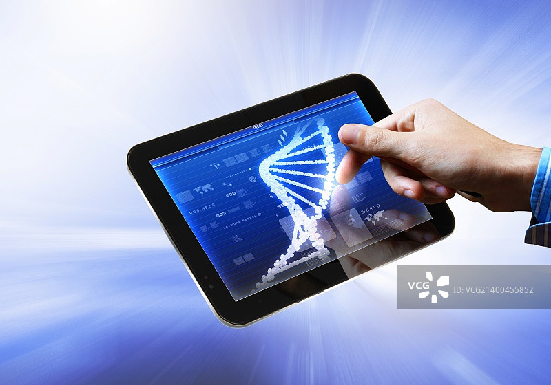 平板电脑屏幕上的DNA螺旋抽象背景。插图图片素材