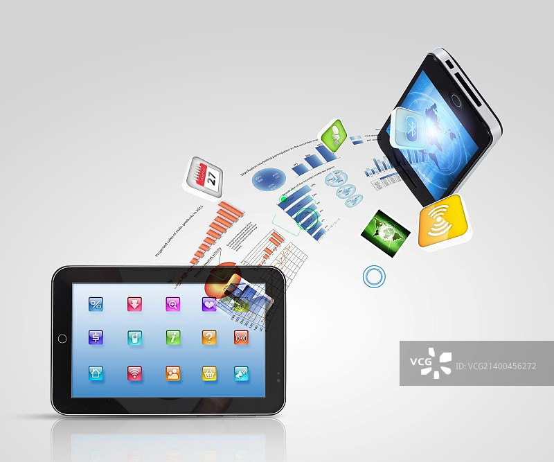 具有手机和高科技背景的现代通信技术图解图片素材