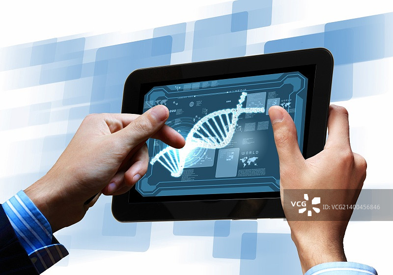 平板电脑屏幕上的DNA螺旋抽象背景。插图图片素材