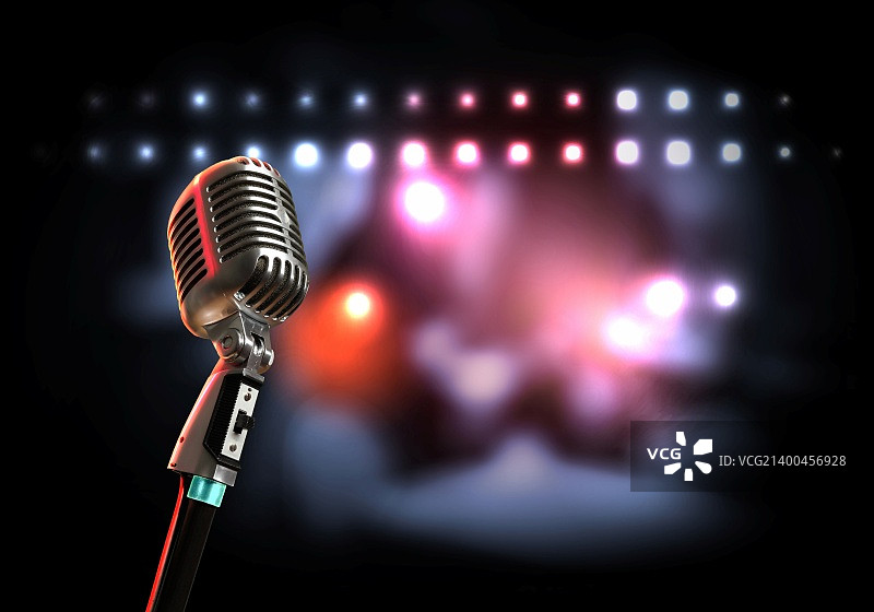 彩色灯光背景下的单个复古麦克风图片素材