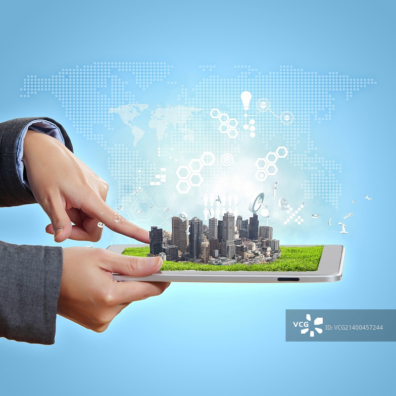 具有计算机设备的抽象现代科技数字城市插图图片素材