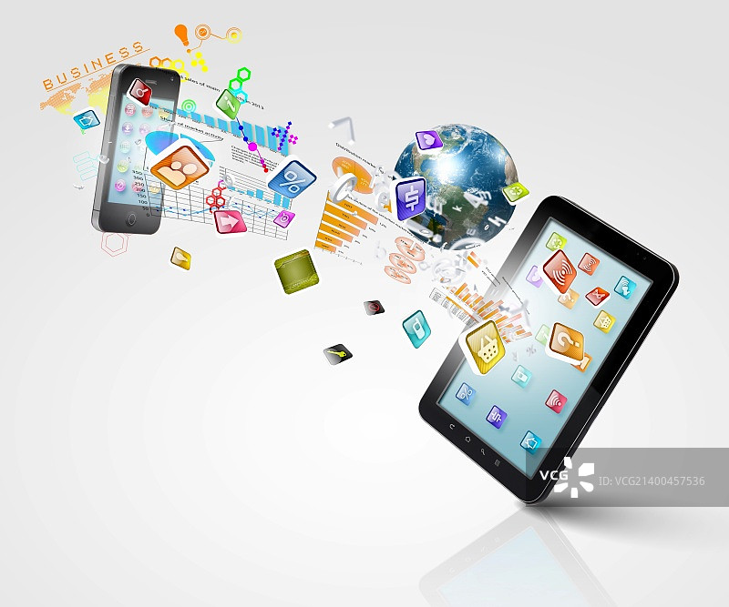 具有手机和高科技背景的现代通信技术图解图片素材