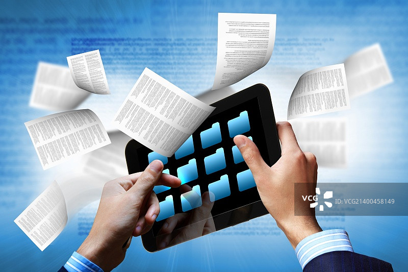 电子书概念图书馆，文字页面从电子阅读器飞出图片素材