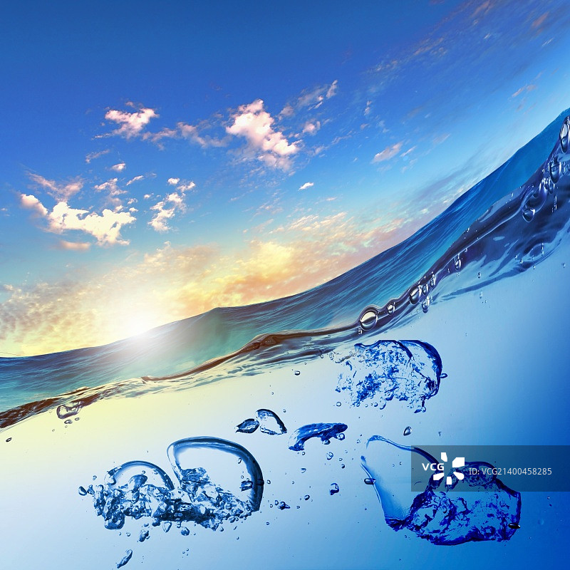 带有气泡的波浪海水的插画图片素材