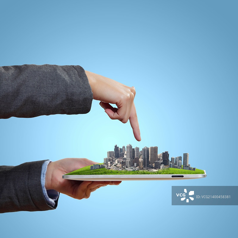 具有计算机设备的抽象现代科技数字城市插图图片素材