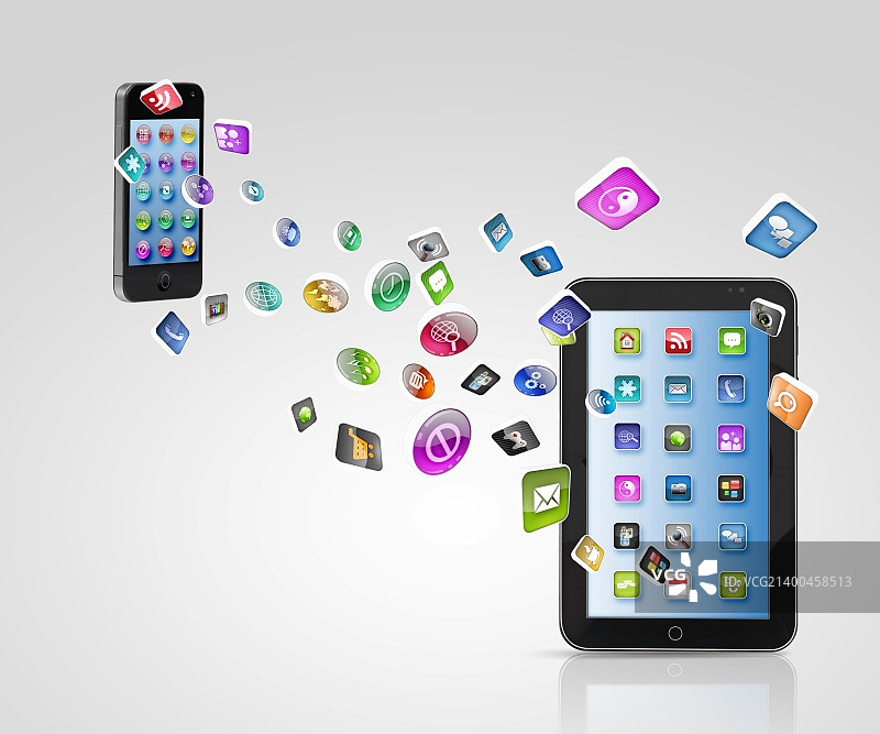 具有手机和高科技背景的现代通信技术图解图片素材