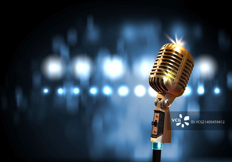 彩色灯光背景下的单个复古麦克风图片素材