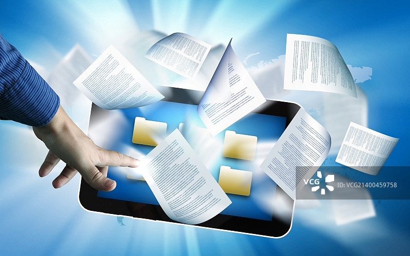 电子书概念图书馆，文字页面从电子阅读器飞出图片素材