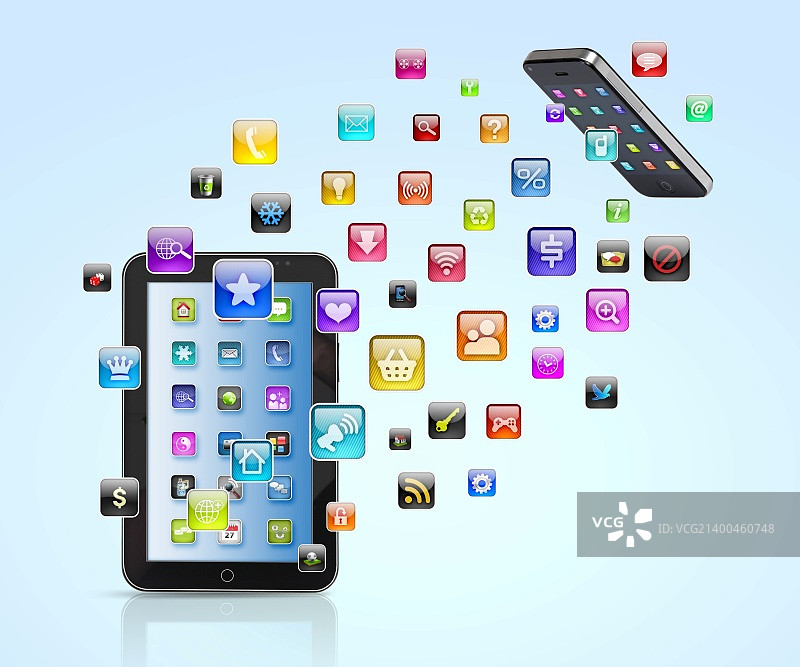 具有手机和高科技背景的现代通信技术图解图片素材