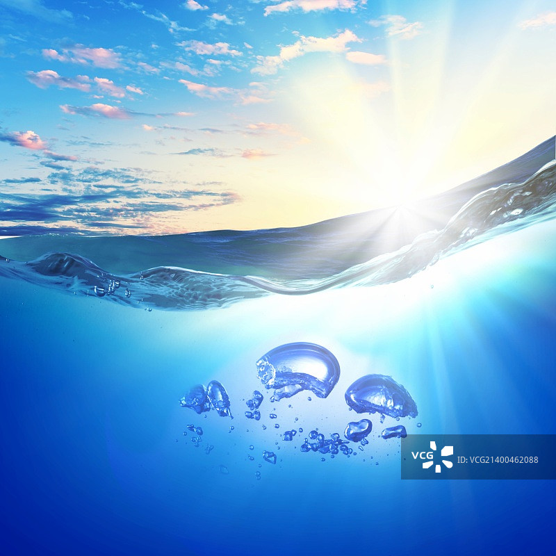 带有气泡的波浪海水的插画图片素材