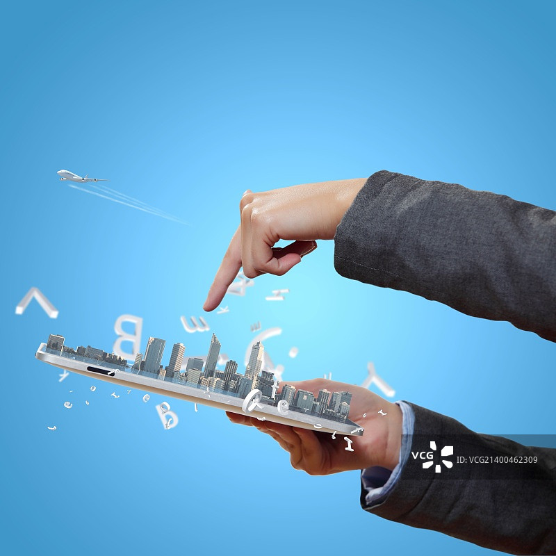 具有计算机设备的抽象现代科技数字城市插图图片素材