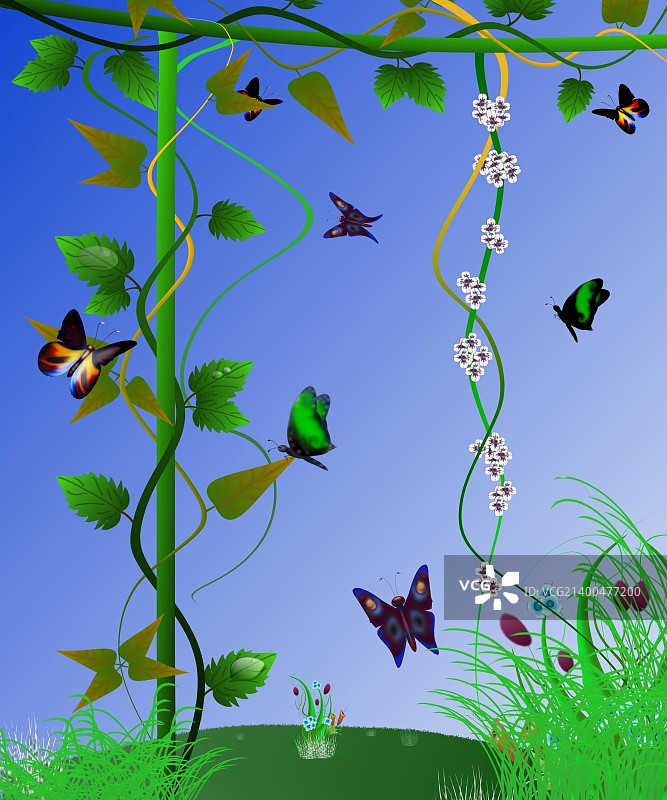 鲜花和蝴蝶的抽象夏季景观图片素材