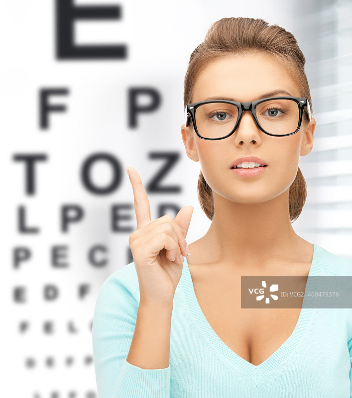 医学视力检查：戴眼镜的女人与视力表图片素材