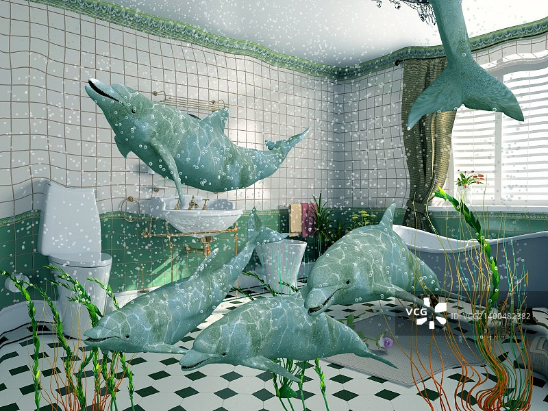 浴室里的海豚（3D渲染）图片素材