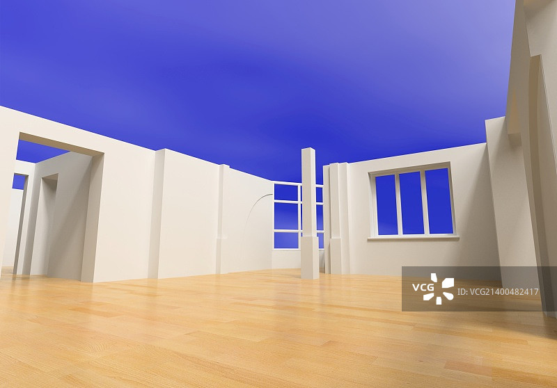 蓝色天空下的开放式空白内饰（3D渲染）图片素材