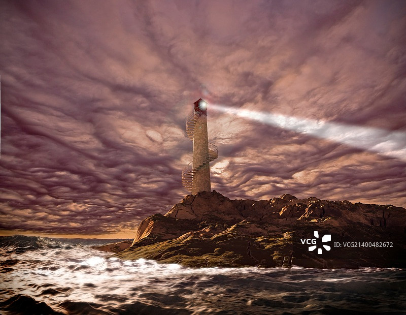 日落灯塔景观（3D 渲染）图片素材