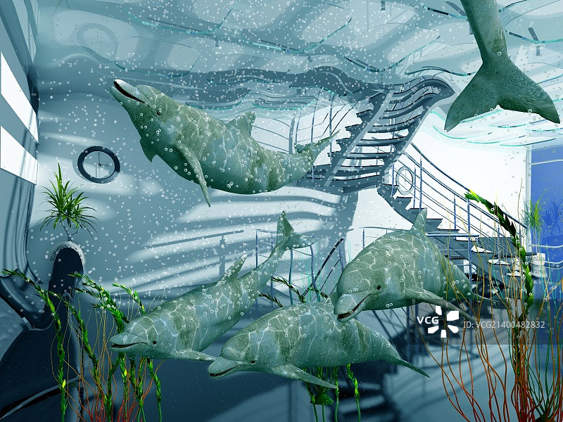 现代办公室内的海豚群（3D）图片素材