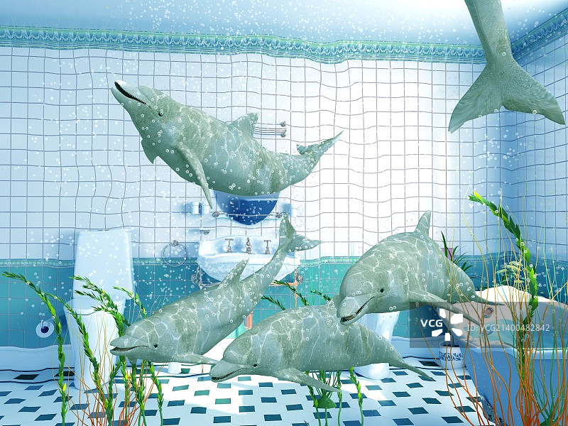 浴室里的海豚（3D渲染）图片素材
