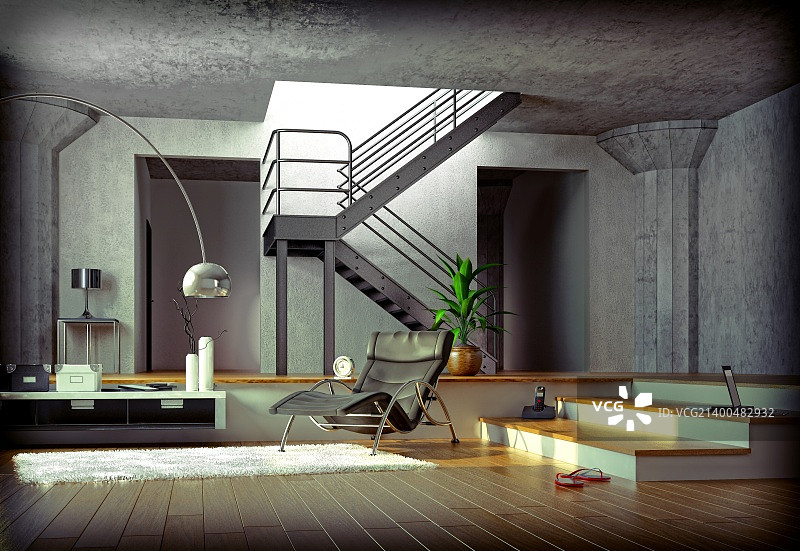 日落时现代阁楼的计算机生成3D图像图片素材