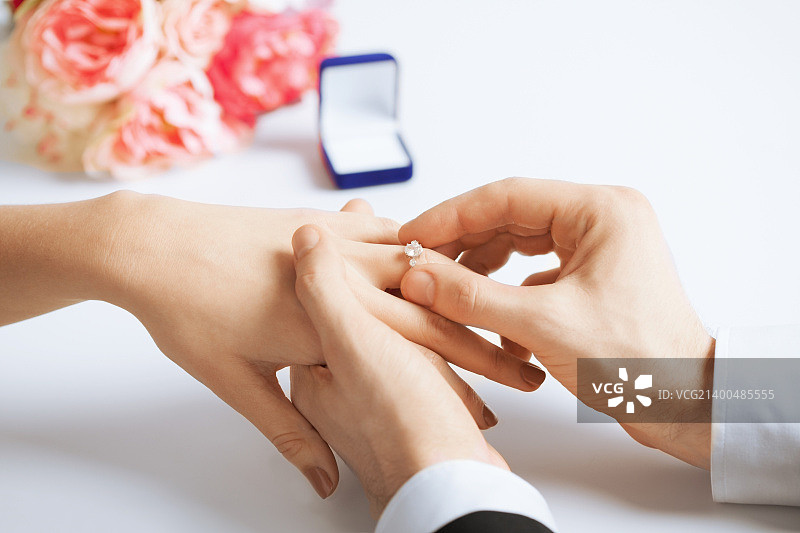 男人将结婚戒指戴在女人手上的照片图片素材