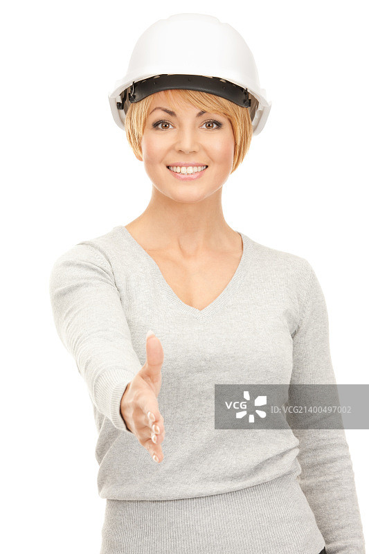 戴头盔的女承包商准备握手的明亮照片图片素材
