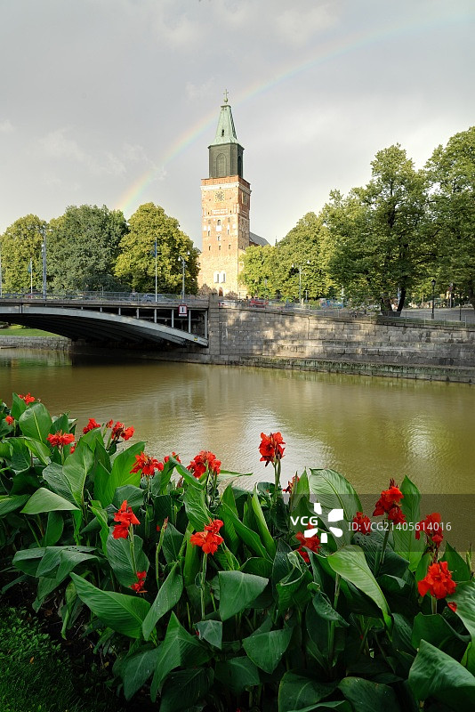 彩虹和鲜花下的图尔库大教堂图片素材